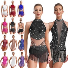 Women Sparkly Fringe Jazz Dance Dress Tassel Skirted Leotard Latin Salsa Tango 