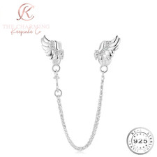 Safety Chain for Charm Bracelet Genuine 925 Sterling Silver Crystal Angel Wings