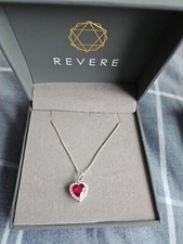 Sterling Silver 925 Simulated RUBY & CZ Heart Pendant Necklace 18  chain Revere 