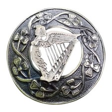 Fly Plaid Kilt Brooch Irish Harp Chrome Finish Unisex Adult Pin Jewelry 3"(7cm)
