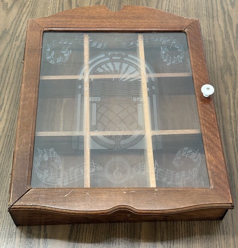 Vtg wood curio cabinet etched - vtg,