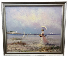 Marie Charlot Signed Oil Painting Women on Beach Seaside Framed Art 69x59cm