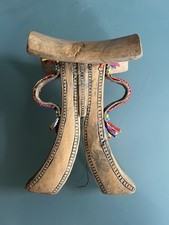 Vintage Africa Headrest Hand Carved Light Wood With Beads Used 7” x 4”