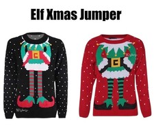 Ladies Christmas Elf Xmas Jumper Sweater Red/Black For Women Top Size UK 8-26