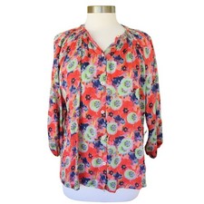 TUCKER The Classic Blouse Floral Print Small Silk Smocked Oversized Red Multi