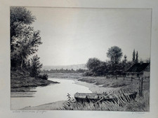 E. PEARLE HAND SIGNED ETCHING WHERE MEMORIES LINGER ROW BOAT RIVER LANDSCAPE ART