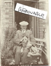 Vintage Old Photograph Man Flat Cap Terrier Dog Bench Seat Garden House 1920's