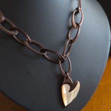 Fossil Stainless Steel Necklace Oval Link Chain Pearl Set Heart Pendant