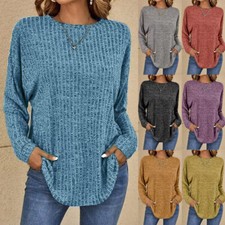 Plus Size Ladies RIBBED Pullover Blouse Tunic Tops Stretch Baggy T-shirts Jumper
