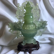 Jade Bird Flower Green Ring Antique Chinese Censer Incense Burner Figure Wood