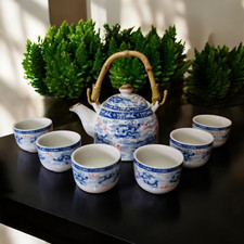 Chinese Tea Set - Blue and White - Nine Dragon Pattern - 6 Small Cups - Gift Box