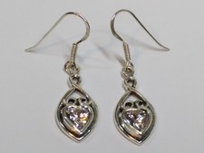 Sterling silver 925 earrings hook drop ladies heart shaped design clear stones