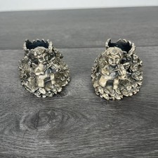 Vintage Pewter Candlestick Holder Angel Cherub Fairy Pair X2