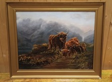 After W.Hayes Original Oil Painting A Family Of Highland Cows, English School 