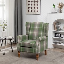 High Wing Back Armchair Tartan Fabric Chair Fireside Seat Living Room Lounge UK