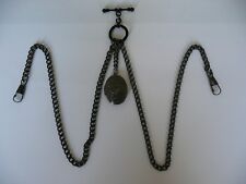 unusual double albert black plated pocket watch chain fob t bar locket  