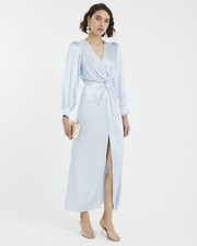 River Island Womens Maxi Dress Blue Satin Long Sleeve Twist Front V-Neck