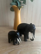Vtg. Hand Carved Solid, Ebony Wooden, Elephant Mum & Baby Figurines, Sculptures