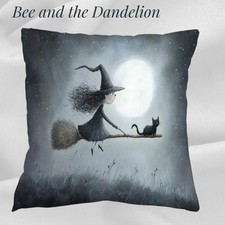 Comical Witch and Cat on Broomstick  Halloween Plush  Cushion COVER 45 X 45CMS