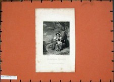 Original Old Antique Print Deserted Villagers Woman Children Trees