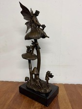 Bronze & Marble Sculpture - Garden Fairies seated on Mushrooms - 46cm - Signed