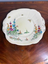 Vintage Crown Staffordshire Hollyhock Cake Plate 1930's Hand Painted