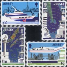 Jersey 1988 Europa/Communications/Plane/Boat/Radar Map/Radio Tower 4v set ex1120