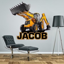 JCB DIGGER PERSONALISED WALL STICKER children's boy's bedroom decal art 2 sizes