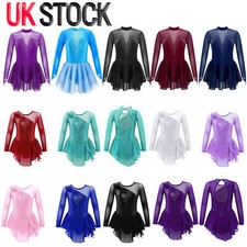 UK Kids Girls Figure Ice Skating Dress Mesh Splice Gymnastics Leotard Dancewear
