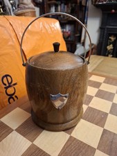 Vintage Wooden Ice bucket ? Biscuit Barrel ? Tobacco Jar with Ceramic Inlay 18cm