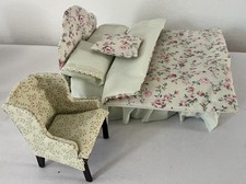 Handmade Pretty Matching Vintage Dolls House Double Bed & Arm Chair
