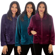 Ladies Fleece Waffle Zip Up Bed Jacket Lounge Top Sizes S-XL