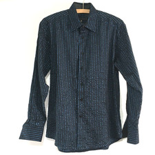 Life & Limb Evening Cocktail Smart Shirt Black Blue Shimmering Striped - MEDIUM