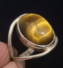 Vintage 925 Sterling Silver Large Tigers Eye  Cabochon Ring  sz O Cut Out Band