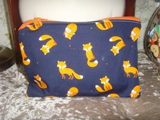 NEW 20cm x 14 cm  ZIP  COIN PURSE LITTLE FOX  PRINT  LINED  NAVY ORANGE