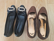 2 Pairs of Ladies Court Shoes - Black Leather with Bow and Brown Suede Size 37