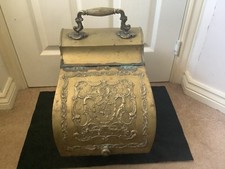 Vintage Brass Coal Box With Lid Embossed Handled 4 Footed Coal Scuttle