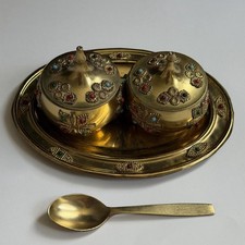 Brass Jeweled Condiment Set with Tray and Spoon. Oriental /Indian Mughal Style