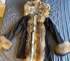 Rabbit Fur Lined Parka With Raccoon Fur Trim and Cuff. Small. New