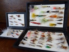 Pair of vintage pocket fly boxes and flies x approx 75no - good selection 