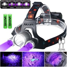 USB Rechargeable LED Headlamp Head Torch UV & White Light Lamp Headlight 4-Modes