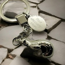 Personalised Chrome Boxing Glove Keyring In Gift bag with your message ANY TEXT 