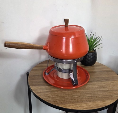 Vintage orange enamel fondue - vintage,