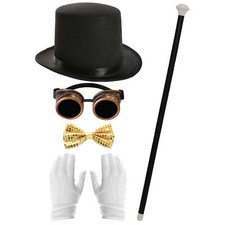 ADULTS WILLY WONKA COSTUME WORLD BOOK DAY HALLOWEEN HAT GOGGLES TIE GLOVES CANE 