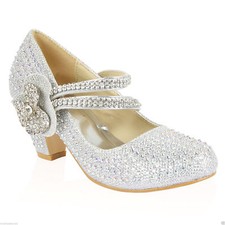Girls Childrens Kids High Mid Heel Diamante Party Court Shoes Bridesmaid Sandals