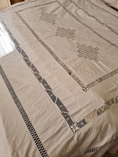 Vintage White Linen Whitework Threadwork Table Cloth 5 ft 6 x 8 ft Flaws