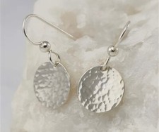 Ladies Silver Hammered Disc Dangle Earrings