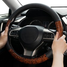 Car Steering Wheel Cover Wood Grain Black Leather Breathable Non-slip 15'' UK.