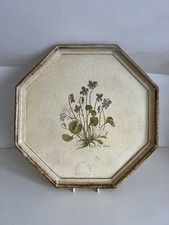 Vintage Distressed  Painted Wooden Serving Tray Viola Flowers Botanical Large!