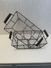 PAIR OF WIRE WORK STORAGE BASKETS, 11” X 7” X 4” WITH HANDLES, STACKABLE